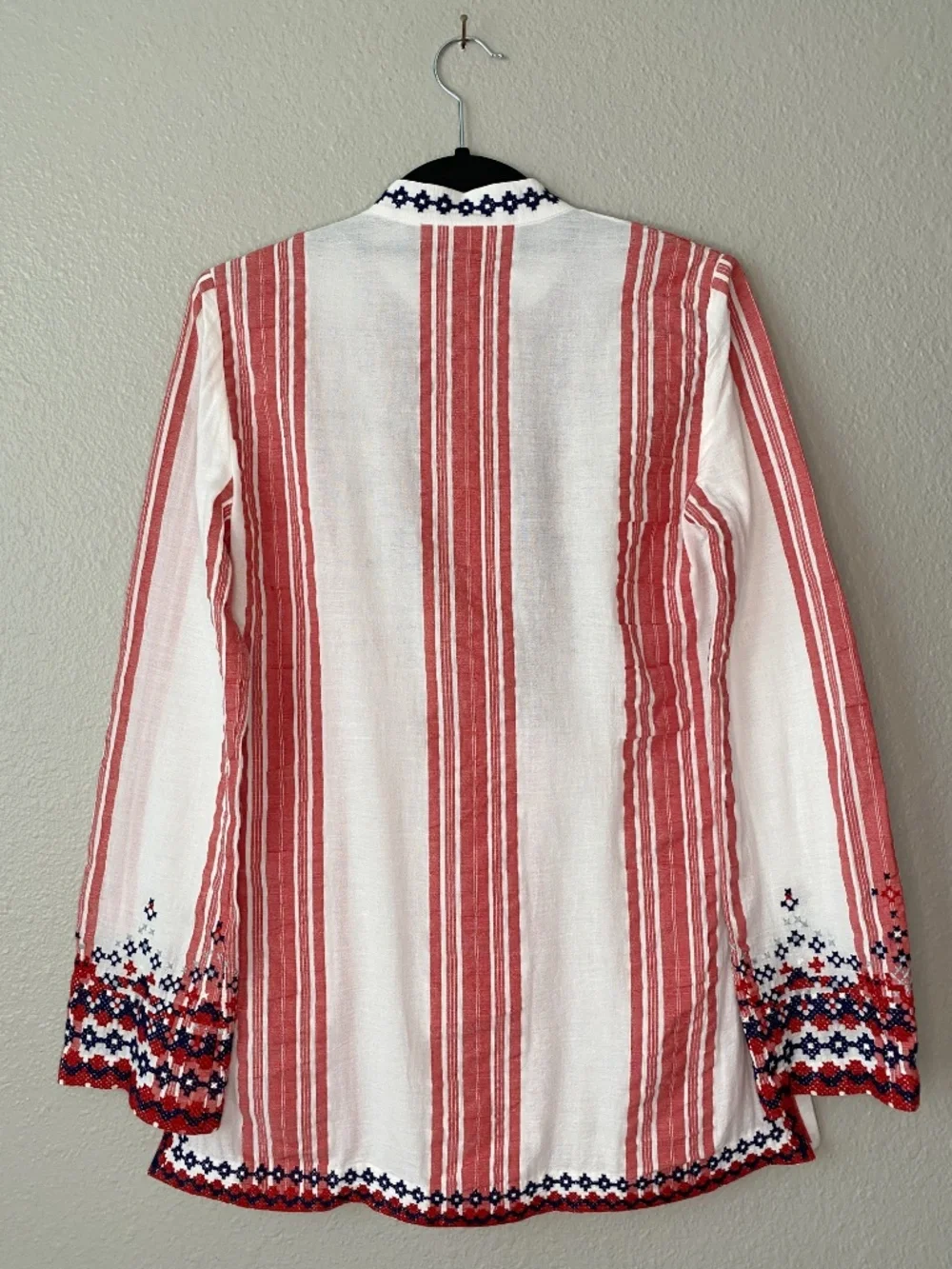 Tory Burch Embroidered Striped Tunic Top White Red Size 2